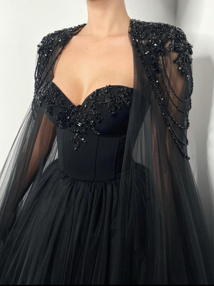 KATERINA black tulle cape with crystals