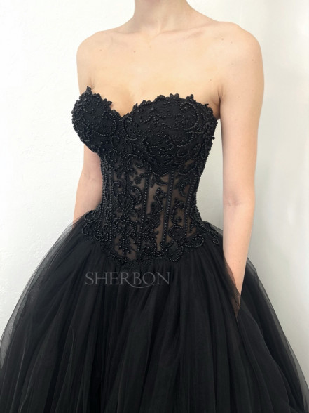 KAHLIA sheer beaded corset tulle dress