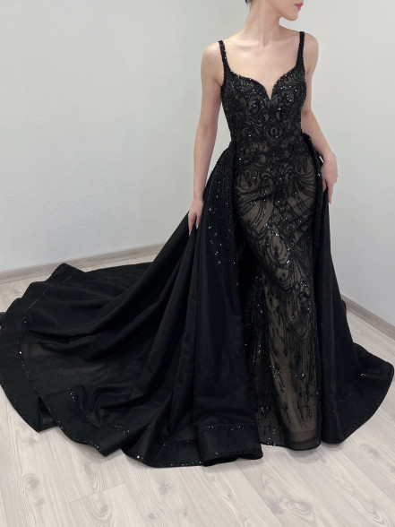 GISELLE black and beige beaded gown with open back