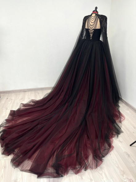 KATERINA corset gown with crystals and cape in black and red