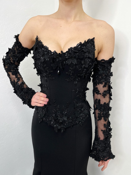 NICOLE 3D floral corset gown with sleeves