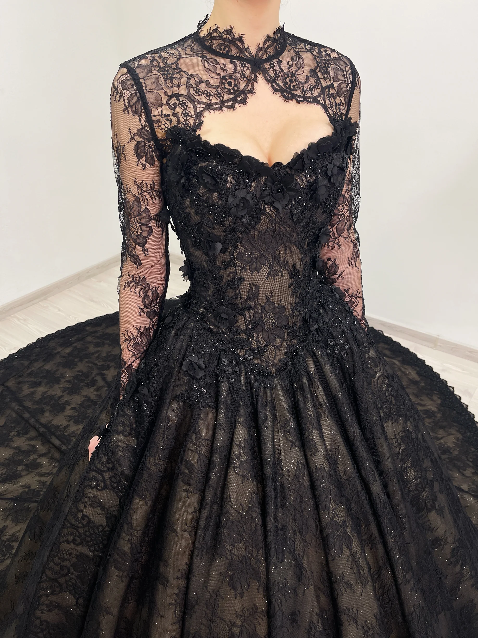 CELESTE black and beige sparkly floral lace dress 22 | Sherbon Clothing CELESTE black and beige sparkly floral lace dress - Image 10