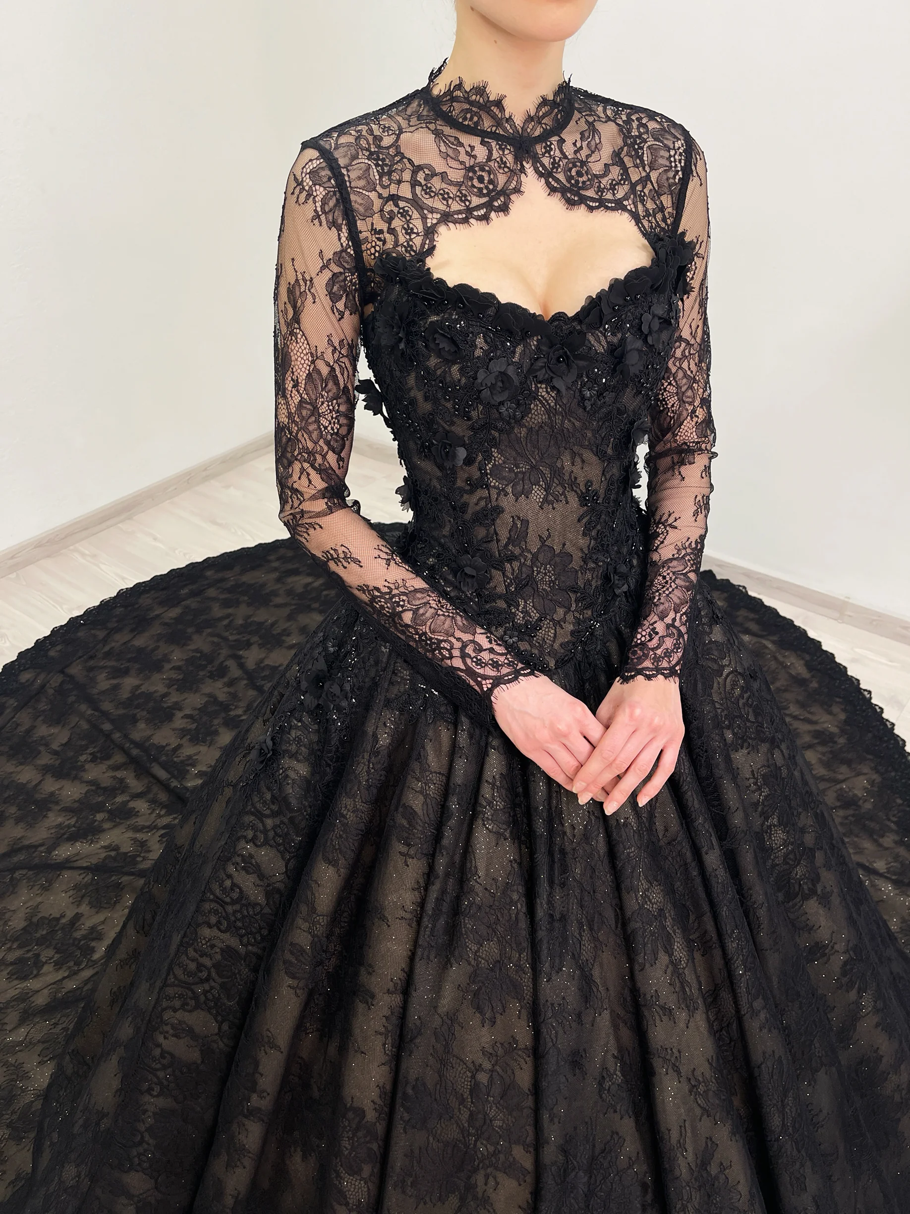 CELESTE black and beige sparkly floral lace dress 23 | Sherbon Clothing CELESTE black and beige sparkly floral lace dress - Image 11