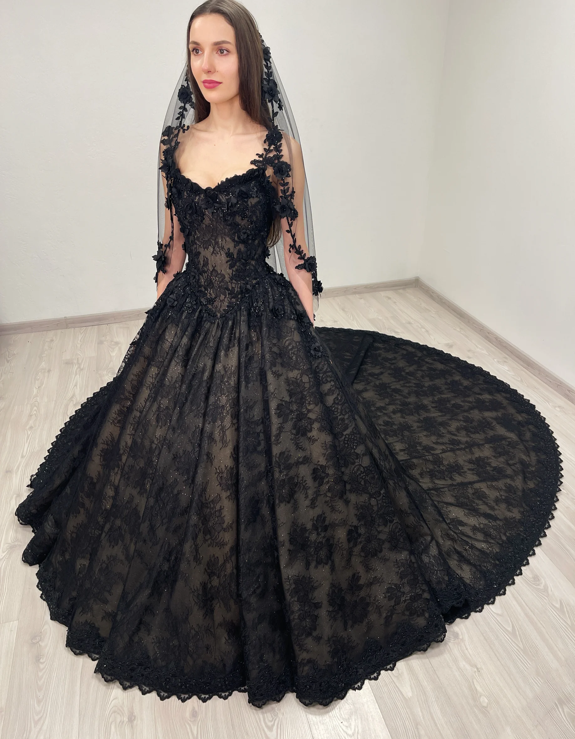 CELESTE black and beige sparkly floral lace dress 26 | Sherbon Clothing CELESTE black and beige sparkly floral lace dress - Image 14