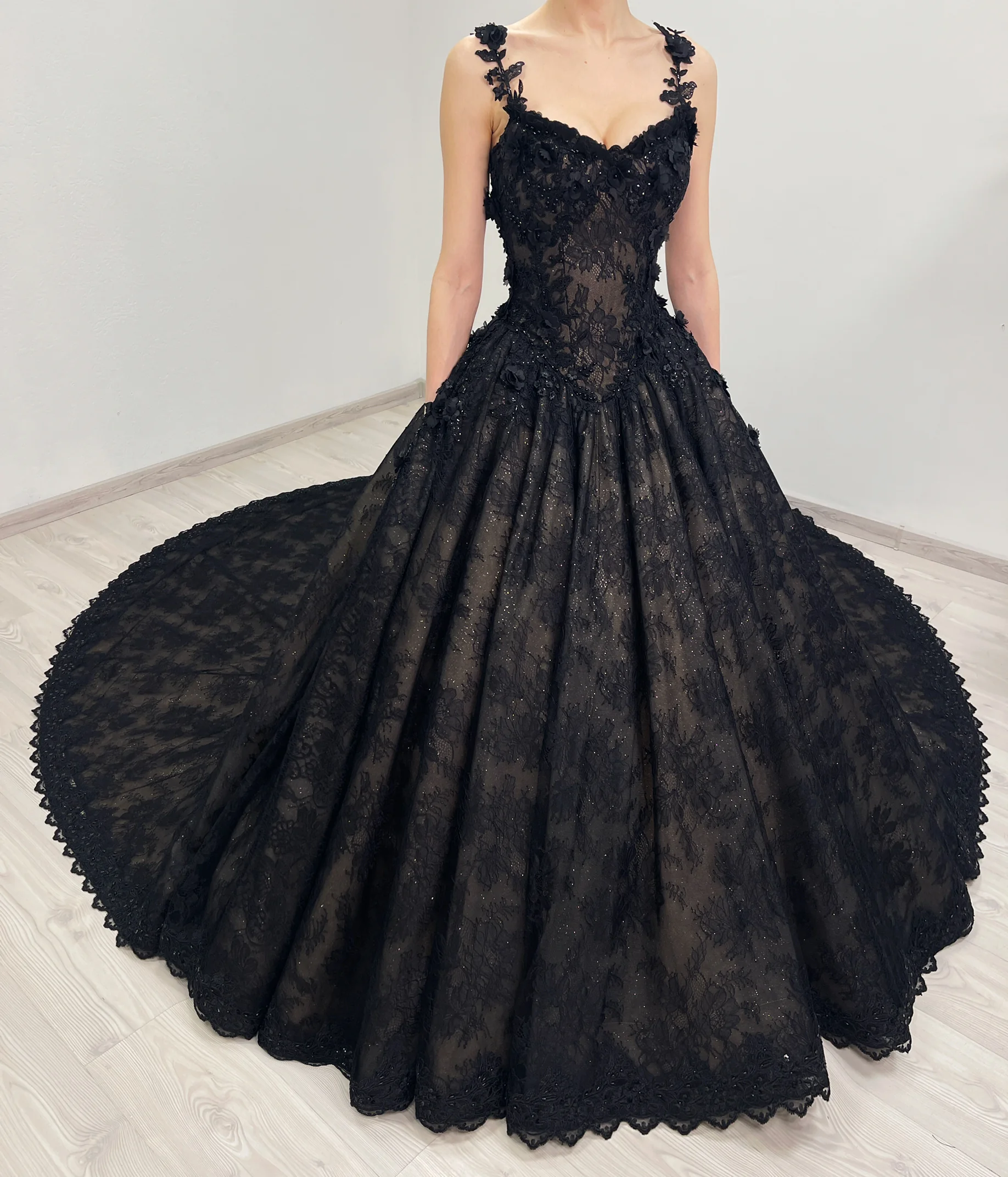 CELESTE black and beige sparkly floral lace dress 15 | Sherbon Clothing CELESTE black and beige sparkly floral lace dress - Image 3