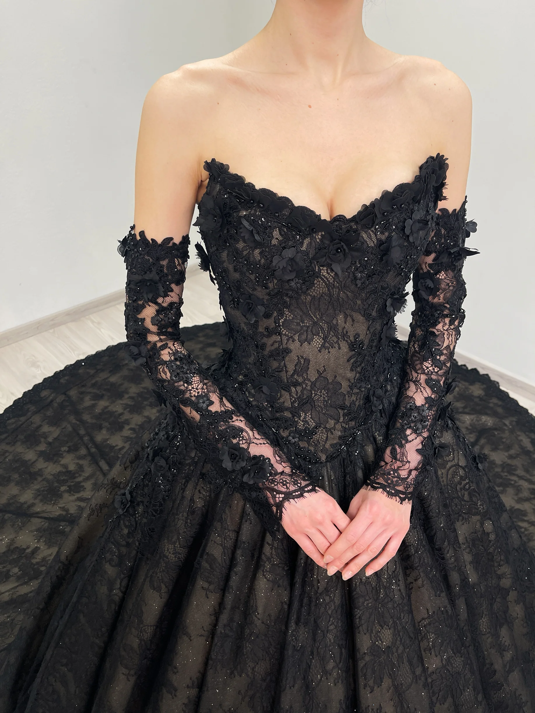 CELESTE black and beige sparkly floral lace dress 18 | Sherbon Clothing CELESTE black and beige sparkly floral lace dress - Image 6