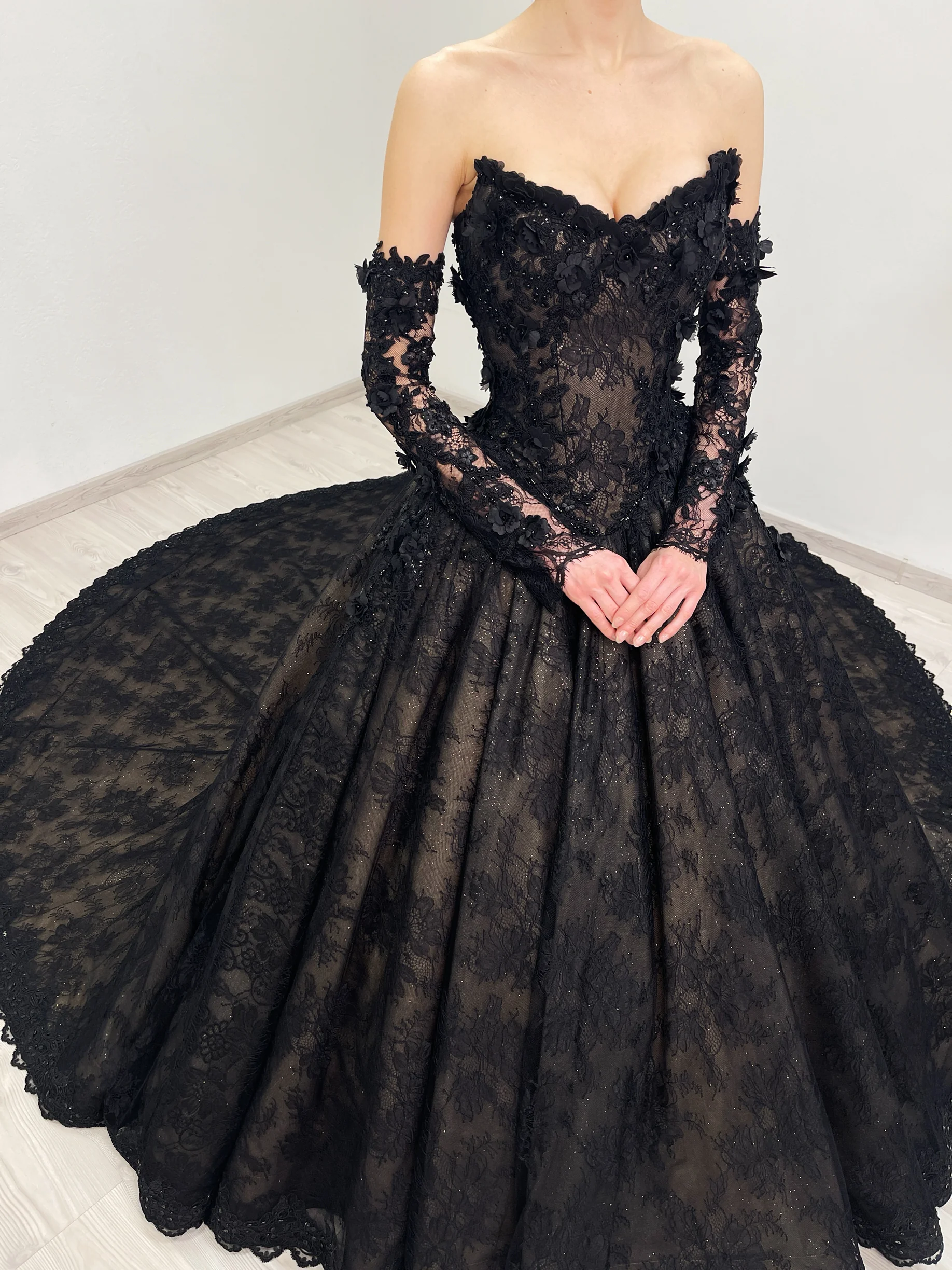 CELESTE black and beige sparkly floral lace dress 19 | Sherbon Clothing CELESTE black and beige sparkly floral lace dress - Image 7